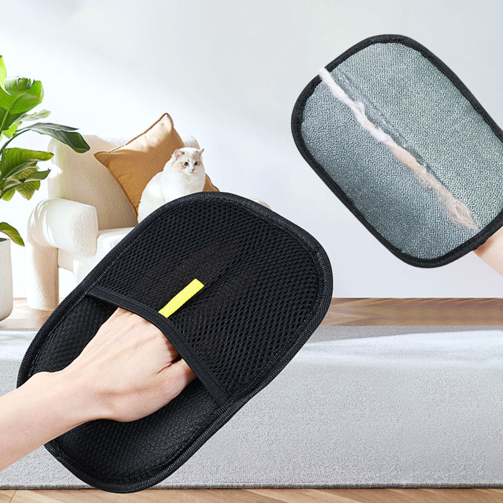 Front and back of the Boutelle FurLift mitt on a sofa