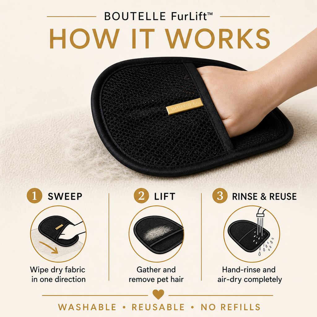 Boutelle FurLift guide: sweep dry fabric, lift pet hair, then hand-rinse and reuse