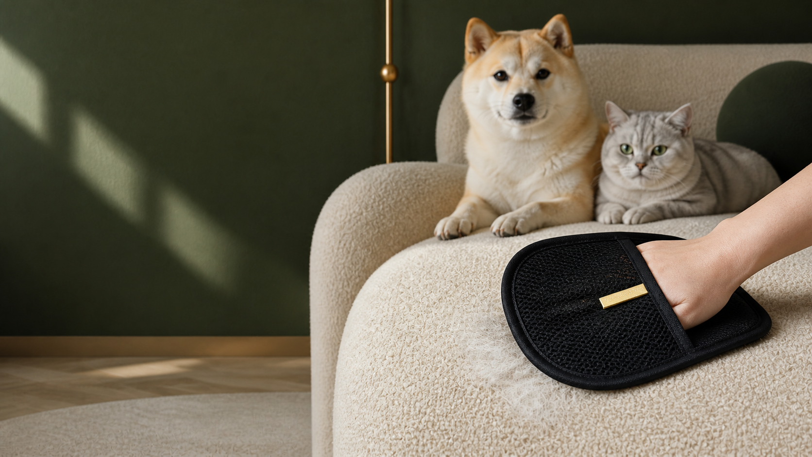 Boutelle FurLift mesh pet hair removal mitt on a beige couch with a dog and cat