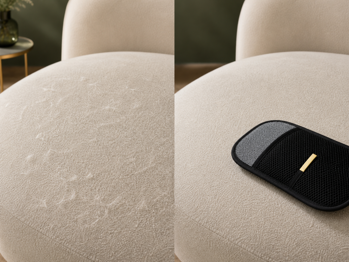 The same cream sofa cushion with loose pet hair before cleaning and swept clean afterward with FurLift nearby