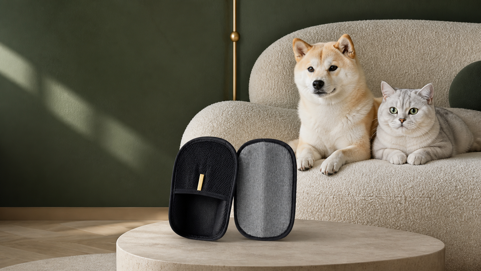 Person using the black FurLift pet-hair mitt on a cream sofa beside a dog and cat